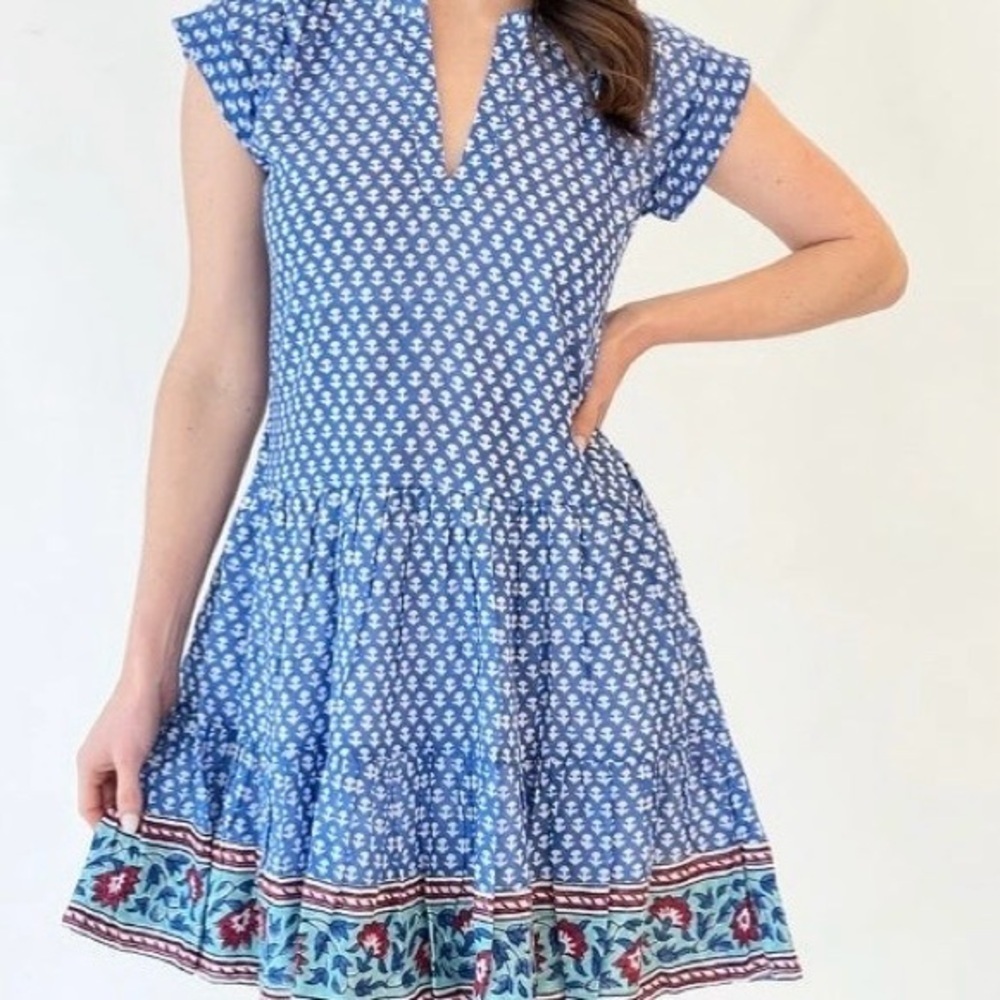 Oliphant Blue and White Floral Ruffle Roll Sleeve Pleated Mini Dress Size Small